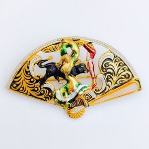 Vintage Damascene Spanish Bull Fighting Fan Brooch